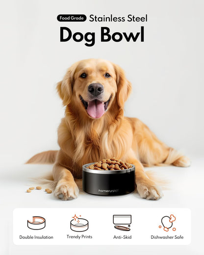 Homerunpet Double Wall Stainless Steel Dog Bowls, Non-Slip Base, Dishwasher Safe, Durable Pet Food & Water Bowl for Dogs & Cats(32oz, Black)