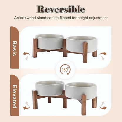 SPUNKYJUNKY Ceramic Dog Bowls with Acacia Wood Stand - Raised Dog Food and Water Bowl Set for Medium Dogs (28.74 OZ, Gray)