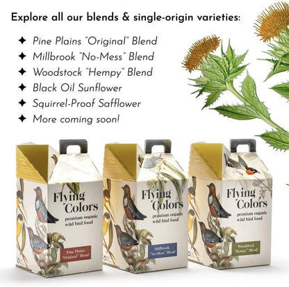 Flying Colors Premium Organic Wild Bird Seed | Pine Plains Original for Outside Feeders | 100% USDA Organic | No Fillers, No Pesticides | Sunflower, Peanut, Safflower | 3 Gallon