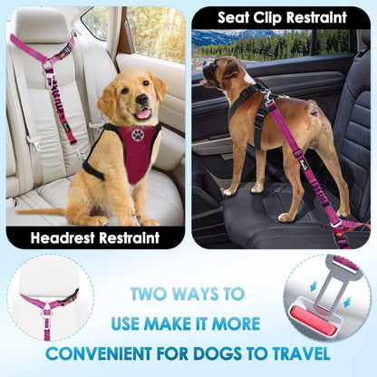 SlowTon Dog Seat Belt, 2 Pack Harness Seatbelt Adjustable With Elastic Bungee Buffer, 2 in 1 Pet Car Leash Headrest Restraint Reflective Safety Tether (Fushia, Dual Restraint)