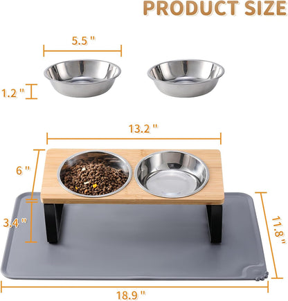 Upgraded Elevated Cat Bowls with Food Mat,15°Tilted Stand Anti Vomiting Raised Cat Dishes for Food and Water,2 Stainless Steel Bowls for Cats and Puppy