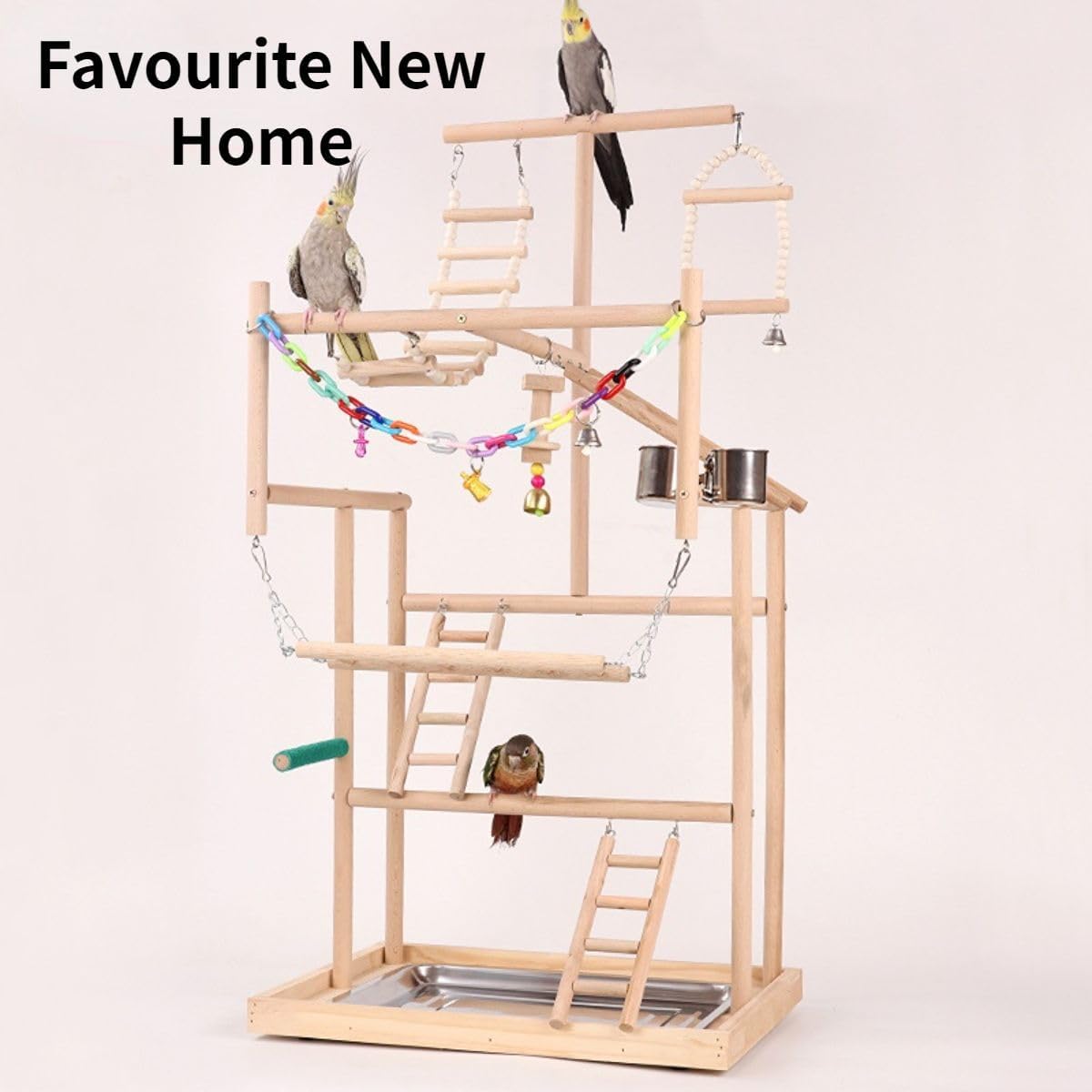 Pet Parrot Playstand Parrots Bird Playground Bird Play Stand Wood Perch Gym Playpen Ladder with Feeder Cups Bells Swing for Cockatiel Parakeet Random Color