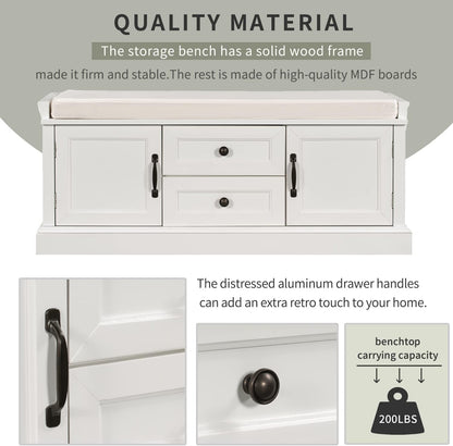 Storage Bench with 2 Drawers and 2 Cabinets, Pine Wood Shoe Bench with Removable Cushion for Living Room, Entryway 42.5" L x 15.9" W x 17.5" H (White)