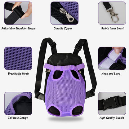 FEimaX Dog Carrier Backpack Pet Legs Out Front Cat Travel Bag, Adjustable Puppy Backpacks Carriers Hands-Free for Small Medium Dogs Cats Hiking Traveling Camping Daily Walking (Small, Purple)