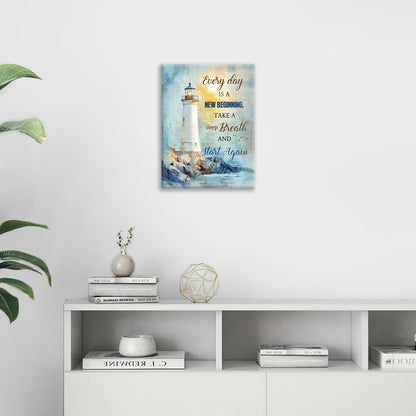 Ocean Lighthouse Pictures Wall Art, Coastal Nautical Bathroom Wall Decor Every Day is a New Beginning Motivational Quote Framed Painting Canvas Artwork for Bedroom Living Room Decorations 20"L x 16"W