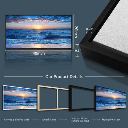 Sea Beach Framed Canvas Wall Art For Living Room Wall Decor For Bedroom Home Decor Blue Ocean Canvas Pictures Artwork Sunny Sea View Wave Painting Office Wall Decorations Black Framed 20" X 40"