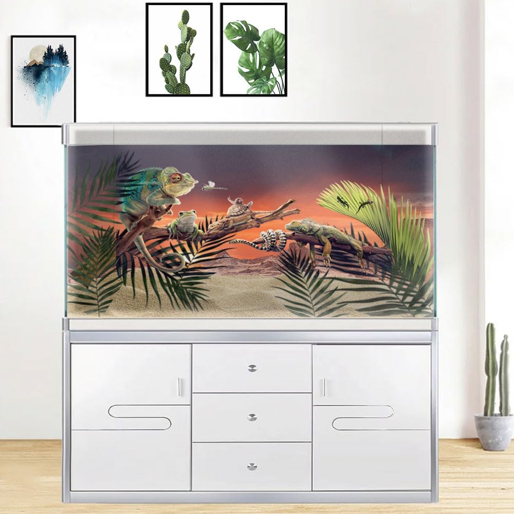 72X18IN Sun and Desert Moon Themed Reptile Habitat on Orange Durable Decorative Background, Terrarium Background with 10EVA Double-Sided Tape