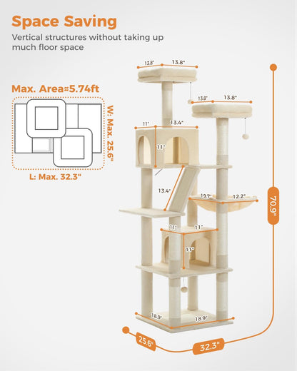 PAWZ Road 70 Inch Cat Tower, Tall Cat Tree with 2 Cozy Condos, 2 Plush Perch, Large Basket, 2 Scraching Pad & 6 Scraching Posts for Indoor Cats Large Adult, Beige