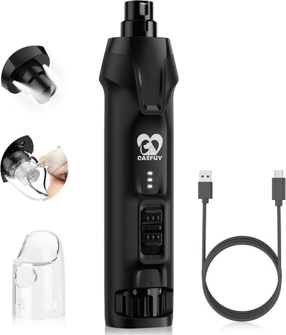 Casfuy 6-Speed Dog Nail Grinder – 50%+ Boost Power Dog Nail Trimmers Quiet with Dust Cap & 2 LED Lights & 2000mAh Battery & 4.8V Motor Electric Pet Toenail File Tool for Large Medium Small Dogs Cats