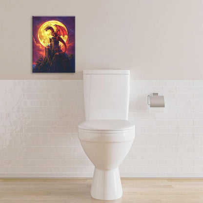 Dragon Bathroom Pictures Wall Art, Red Dragon Castle Bathroom Wall Decor, Framed Painting Canvas Artwork for Bedroom Living Room Decorations 20"L x 16"W