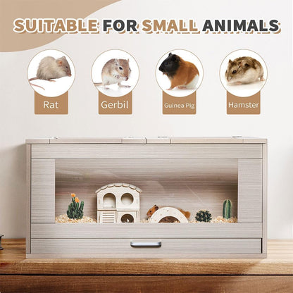 Large Hamster Cage, Wooden Hamster Cages and Habitats with Storage Cabinet and Openable Top Decorative Pet House Acrylic Panels for Hedgehog Gerbil and Rat (31.5"× 15.7"× 33.5")