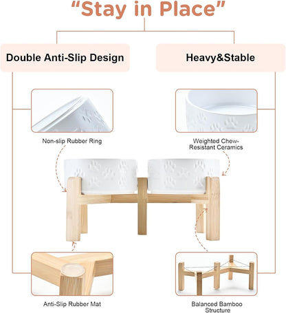 SPUNKYJUNKY Elevated Dog Bowls Ceramic, 6.1'' Dogs and Cat Food Water Bowls Raised with Non-Slip Bamboo Stand for Medium Sized Breed Microwave Dishwasher Safe - 28.7 OZ,Paw White