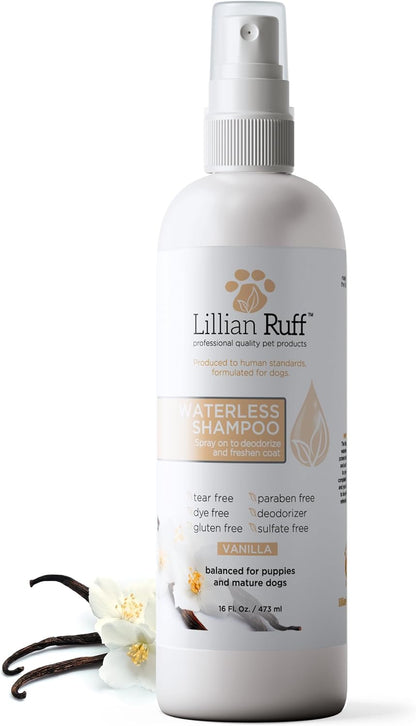 Lillian Ruff Waterless No-Rinse Dog Dry Shampoo Spray with Hydrating Essential Oils - pH-Balanced Dry Shampoo for Dogs - Clean, Condition, Detangle & Deodorize Dry, Sensitive Skin (Vanilla)