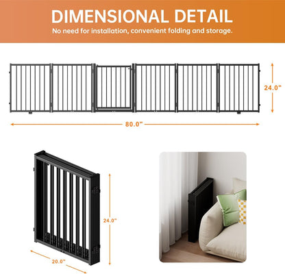 Full Metal Freestanding Dog Gate with Door, 24'' Height Foldable Pet Dog Fence for Indoor & Outdoor, 6 Panels Extra Wide Free Standing SmallDog Gates for Doorways,House,Stairs,Porch,Deck,Yard
