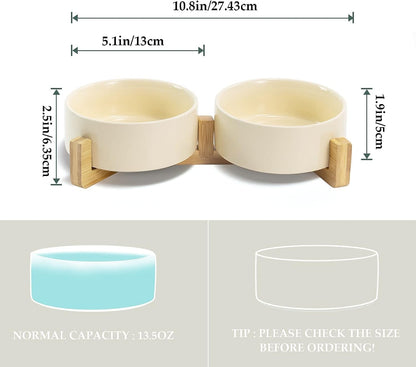 SPUNKYJUNKY Ceramic Dog and Cat Bowl Set with Wooden Stand, Modern Cute Weighted Food Water Set for Small Size Dogs (13.5OZ) & Medium Sized Dogs (28.7OZ) & Cats (1.7 Cups, 2 × Beige)