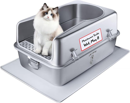 XL Metal Cat Litter Box with Lid – Non-Stick, Odor Control, Stainless Steel, Rust-Resistant, High-Sided – Easy to Clean with Handles, No-Slip Base, Leak-Proof Seal, 5 Clips, Cleaning Tracker