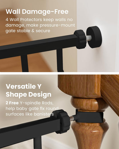Mom's Choice-GROWNSY Baby Gate for Stairs, 29.5"-48.4" Pressure Mounted Baby Gate for Top of Stair&Doorway with Y-Spindle Rods, Anti-Trip Pedal, Wide Stairs Dog Gate Easy Install w/Red Reminder,Black