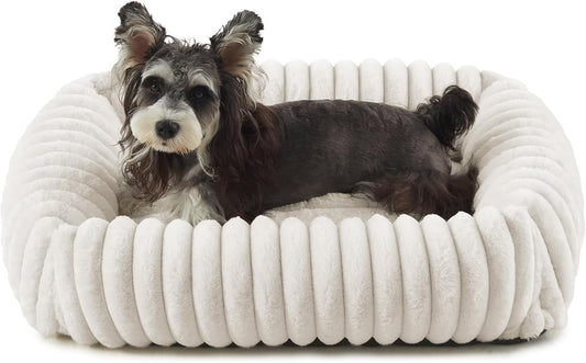 Dog Beds for Small Dogs, Washable Dog Bed with Removable Cover, Rectangle Soft Calming Sleeping Puppy Bed Durable Pet Cuddler with Anti-Slip Bottom, 20"x19"x6" Cream