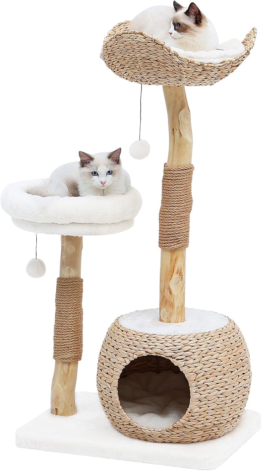 Modern Cat Tree Tower for Indoor Cats, Real Branch Luxury Cat Condo with Scratching Post, Jumping Platforms, Hanging Toy Ball for Multi-Cat Households