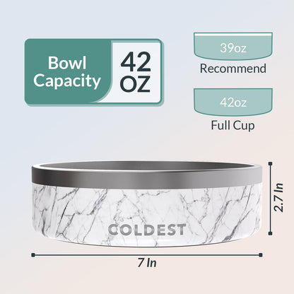 Coldest Dog Bowl - Anti Rust Metal & Non Slip Dog Bowls Large, Spill Proof Heavy Duty 3 Layers Insulated Dog Bowl - Food and Water Bowl for Dogs, Cats & Pets, Dishwasher Safe (42 oz, Carrara Marble)
