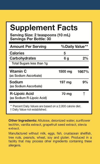 Researched Nutritionals C-RLA - Liposomal Vitamin C with R Lipoic Acid to Support Detox - Vegan & Soy-Free Vitamin C Liquid, Vanilla Caramel Flavor (10 Fl Oz)