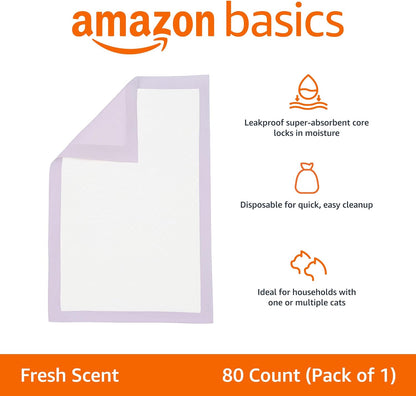 Amazon Basics Cat Pee Pads, 80 Count, Universal Fit for Litter Box, Odor Control with Fresh Scent, White/Purple