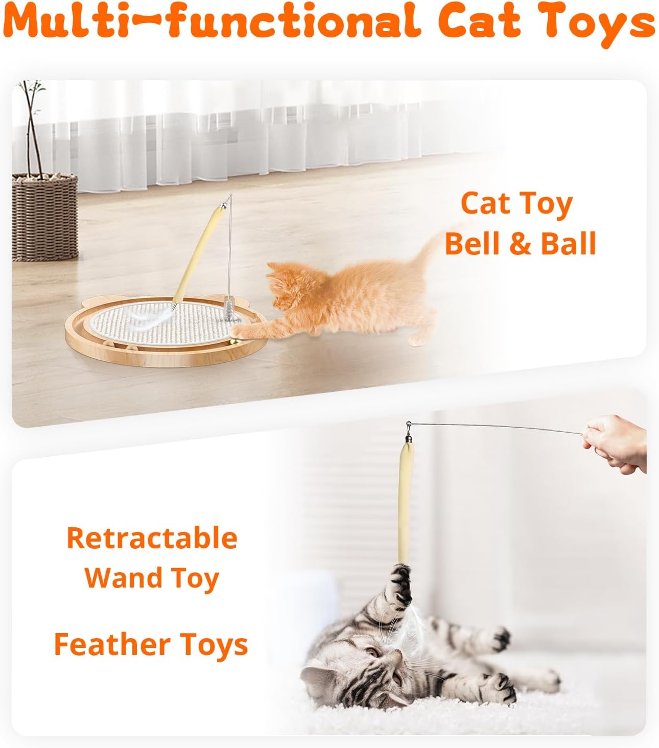 3-in-1 Cat Toys, Scratcher, Toys for Indoor Cats, Natural Sisal Scratching Board, Kitten Interactive with Ball Track & Retractable Wand Toy & Feather