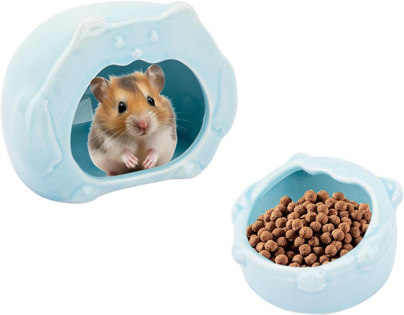 Bear-Shaped Hamster Hideout & Food Bowl Set - Ceramic Habitat for Syrian Dwarf Hamsters, Mice, Gerbils - All-Season Use, Chew-Proof Ceramic House and Feeding Dish for Small Pets(Blue)