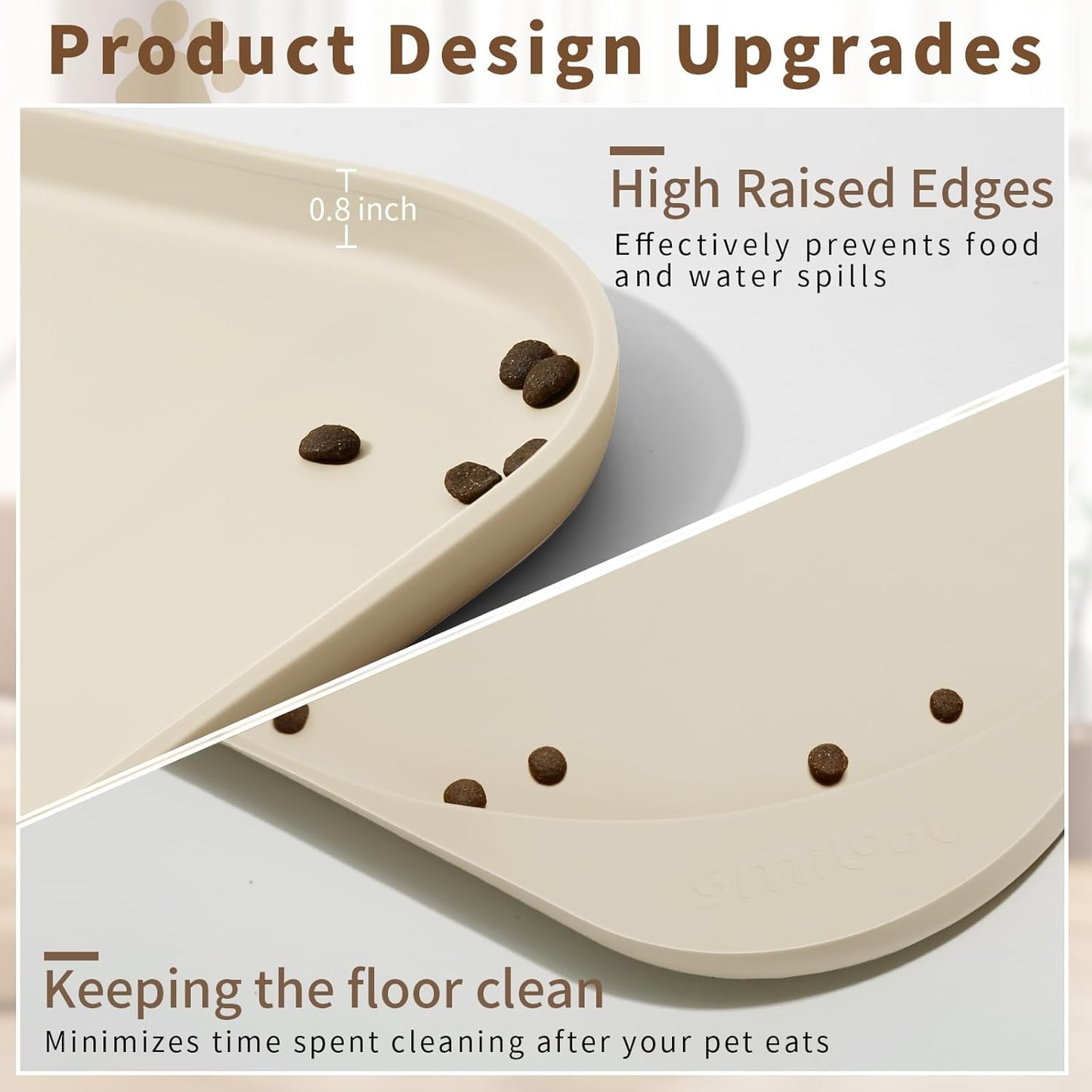 Silicone Pet Feeding Mat with Raised Edge & Residue Collection Pocket for Food and Water, Dog Bowl Mats, Cat Bowls Placemat with High Lip for Floor Waterproof, 24 x 16 x 0.8 White Sand