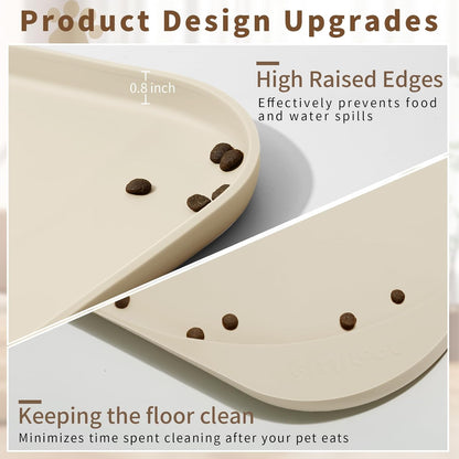 Silicone Pet Feeding Mat with Raised Edge & Residue Collection Pocket for Food and Water, Dog Bowl Mats, Cat Bowls Placemat with High Lip for Floor Waterproof, 24 x 16 x 0.8 White Sand