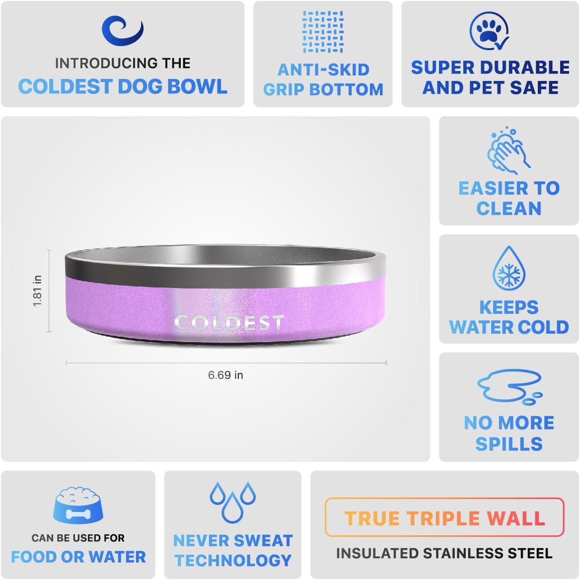 Coldest Dog Bowl - Anti Rust Metal, Non Slip, 3 Layers Insulated Stainless Steel Dog Bowls - Spill Proof & Heavy Duty - Water Bowl for Dogs, Cats, Dish Washer Safe (21 oz,Saturn's Moon Purple Glitter)