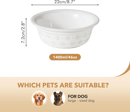 Ceramic 8.7inch Dog Bowl for Large Dog, Basic Food and Water Bowl for Replacement, Wide Opening Rounded Edge(Single Bowls, Reactived Glaze -White)
