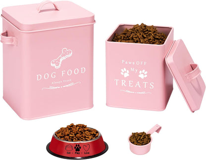Meraki Home Small Dog Food Container and Dog Treats Container - Tight Lids - Feed Scoop and Pet Food Bowl - Farmhouse Metal Storage Bin - Matte Pink
