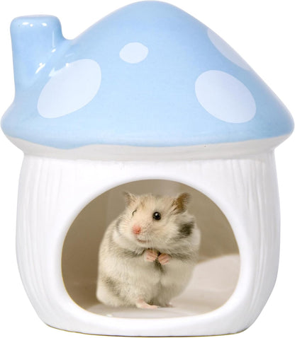 Ceramic Mushroom Hamster Hideout - Hamster Habitat for Hamsters Chinchillas Hedgehogs and Gerbils Mouse Small Pet Guinea Pigs House Hamster Bed (Blue)