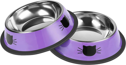 2 Pcs Non-Slip Stainless Steel Small Cat Food Bowls - Unbreakable, 7 Oz, Suitable for Indoor Small Pets - Removable Rubber Base, Easy to Clean, Lovely Color