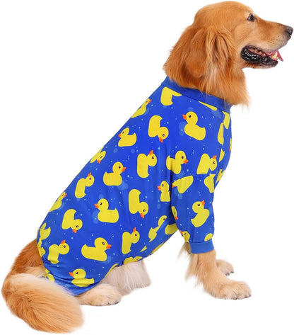 HDE Dog Pajamas One Piece Jammies Jumpsuit Pet Clothes Outfit Stretchy Lightweight Comfy Shirt Pjs for M-3XL Dogs Ducks Blue - L