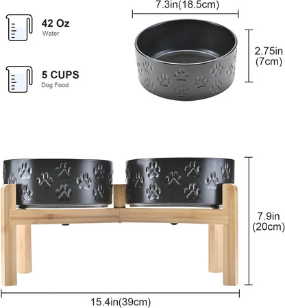 SPUNKYJUNKY Elevated Dog Bowls Ceramic, 7.3'' Dogs Food Water Bowls Raised with Non-Slip Bamboo Stand for Medium to Large Sized Breed Microwave Dishwasher Safe - 42 OZ,Paw Black