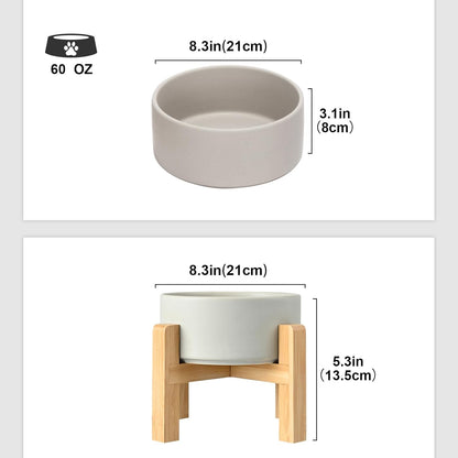 SPUNKYJUNKY Ceramic Elevated Dog Bowls 2 Pack - 8.3inch Raised Dog Bowls with Non-Slip Wooden Stand for Large Dogs Dishwasher Safe(Grey,60OZ*2)