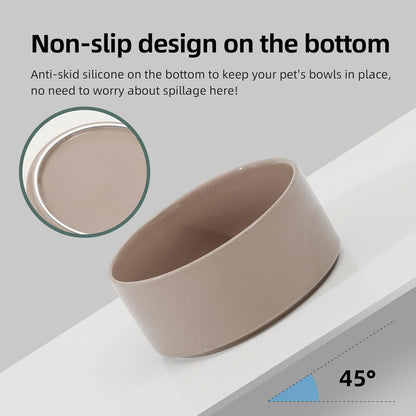 Ceramic 5.1inch Raised Dog and Cat Bowl Set, Elevated with Wooden Stand, Food and Water Bowl for Small Breed Dogs, Cats, Kitty, Weighted Dog Dishes, Pet Bowls(13.5oz, Brown Coffee)