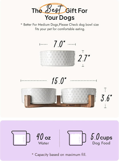 LE TAUCI Ceramic Dog Bowls with Acacia Wood Stand - 7 Inch Food & Water Set for Medium-Large Dogs - Weighted Pet Bowls