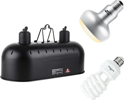 15inch Dual Reptile Light Fixture, Max 150W Dual Reptile Heat Lamp Fixture with 100W Basking Spot Lamp Bulb and 26W UVB Heat Bulb for Bearded Dragon Terrarium and Tortoise Habitat