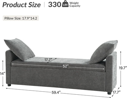 HULALA HOME Modern Storage Bench with Throw Pillows, 59.4" Extra Long Bedroom Ottoman Bench for End of Bed, Comfy Upholstered Footstool for Entryway Dining Room Living Room, Charcoal