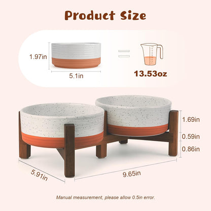SPUNKYJUNKY Ceramic Elevated Dog Bowl Set with Acacia Wood Stand for Food and Water for Cat and Small Dog (13.52 OZ, White and Reddish Brown)