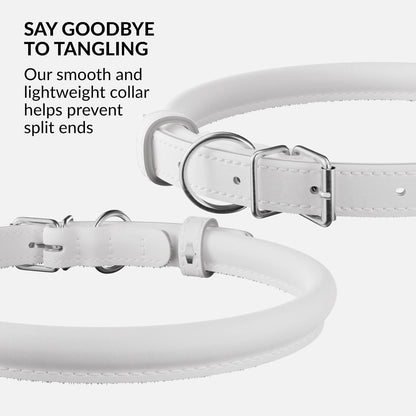 CollarDirect Rolled Leather Dog Collar, Soft Padded Round Puppy Collar, Handmade Genuine Leather Collar Dog Small Large Cat Collars 13 Colors (6-7 Inch, White Smooth)