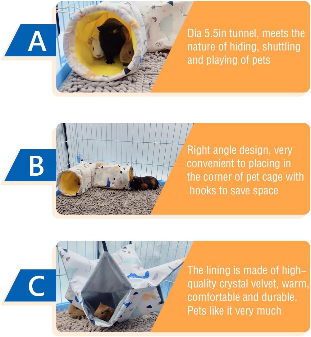 Large Caliber Guinea Pig & Rat Tunnel Hideout & Hammock, Corner Hideout Toy for Guinea Pig, Ferret, Hedgehog & Piggy to Hide and Shuttle (1. Hammock&Tunnel-Dinosaur)