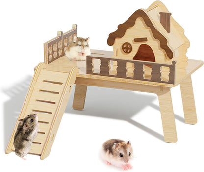 Wooden Hamster Platform and Dwarf Hamster House,Cute Syrian Hamster Tiny House Hideout,Large Balcony Lookout Holes,for Dwarf Gerbils and Mouse Mice Rat Other Small Animals(E)