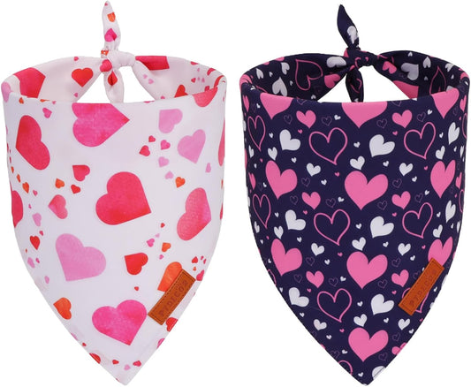 PTDECOR Valentine Dog Bandana, White Purple Love Heart Design Reversible Dog Scarf, Triangle