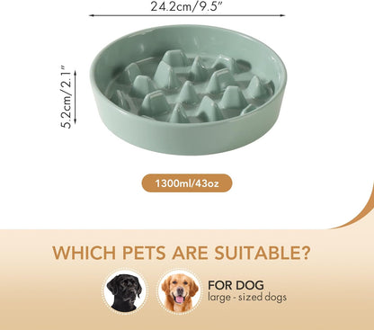 Ceramic 9.5 inch Dog Bowl Slow Feeder, Slow Pet Food Dish for Large Dog, Stop Bloat, Preventing Choking(Single Bowl,Light Green)