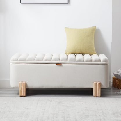 Kmax 45" Storage Bench Linen Entryway Bench Upholstered Ottoman Bench with Wavy Top & Safty Hinge for Bedroom Living Room Hallway, Beige