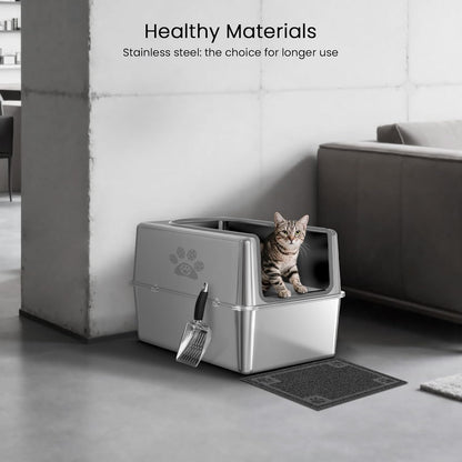 Enclosed Stainless Steel Cat Litter Box with Lid, Metal Litter Box for Big Cats, Extra Large Cat Toilet with High Side, Non-Stick, Anti-Leakage, Odorless, with Cats Litter Mat & Litter Scoop
